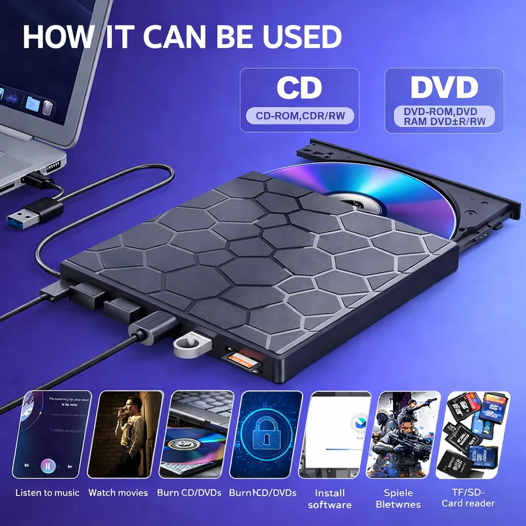 7-in-1 Portable External CD/DVD Drive | 8-Port Hub and SD Card Reader | RetroRevive - Image 3