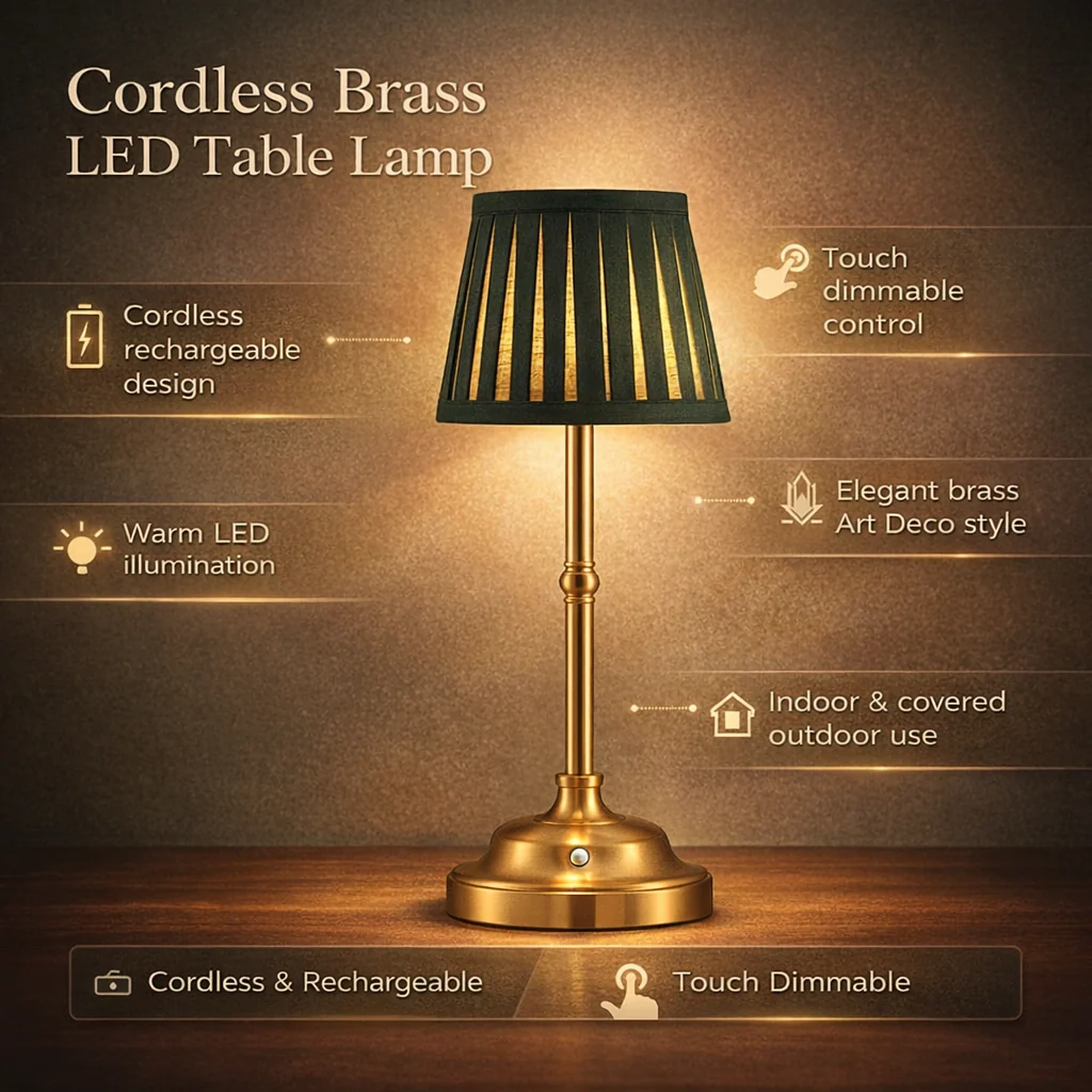 Cordless Table Lamp | Rechargeable LED Touch Control | Modern Brass Accent Lighting | Aurellume - Image 2