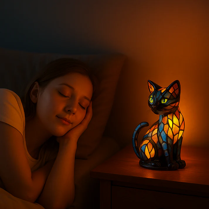 Glass Cat Lamp | Warm Ambient Glow | Handcrafted Stained Glass Style Table Light | GlowWhisker - Image 3