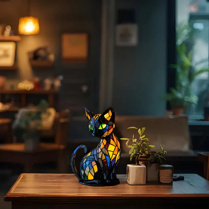 Glass Cat Lamp | Warm Ambient Glow | Handcrafted Stained Glass Style Table Light | GlowWhisker - Image 4