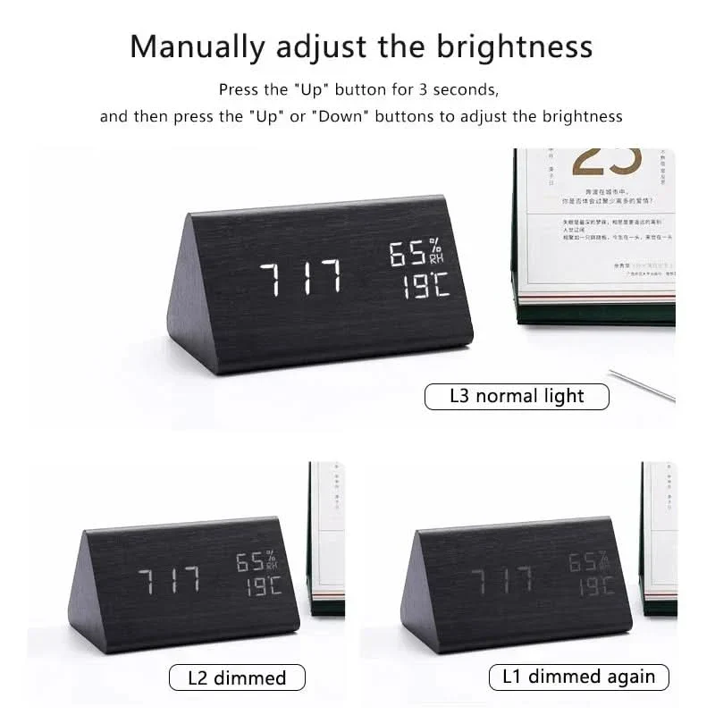 LED alarm clock | Wood-effect design | Dimmable display | Temperature display | Futura - Image 2