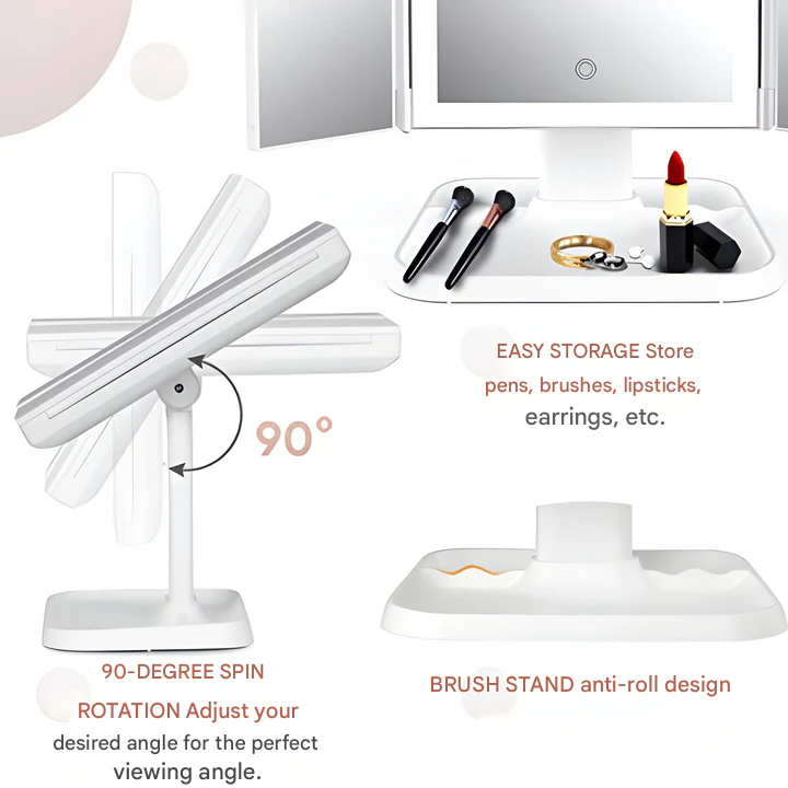 LED Makeup Mirror | Flawless Makeup Lighting | Tri-Fold LED Touch Control Mirror | Clara - Image 3